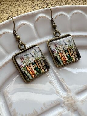 Vintage Style Book Lover Floral Glass Dangle Earrings Bronze Tone